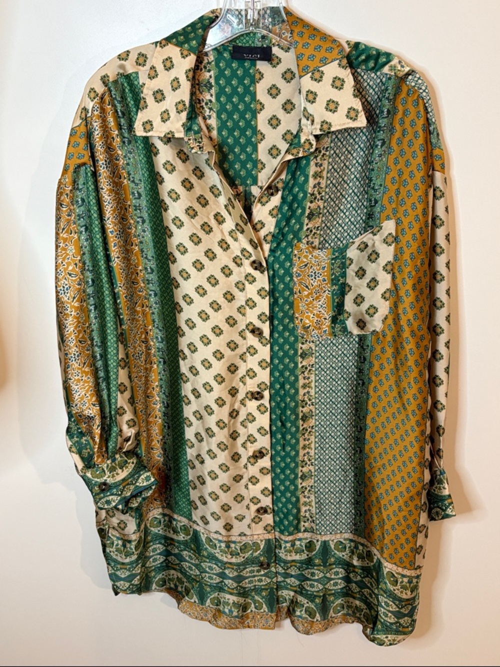 Vici Green, Gold & Cream Patchwork Button-Up Dress Tunic | M
